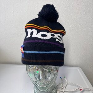 Noosa knit beanie with pom- pom vibrant Stripes. Colorado logo